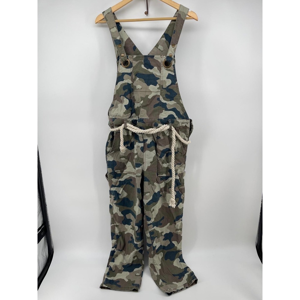 Anthropologie Camo Print Rope Belt Overalls Green Camouflage Utility Size 12
